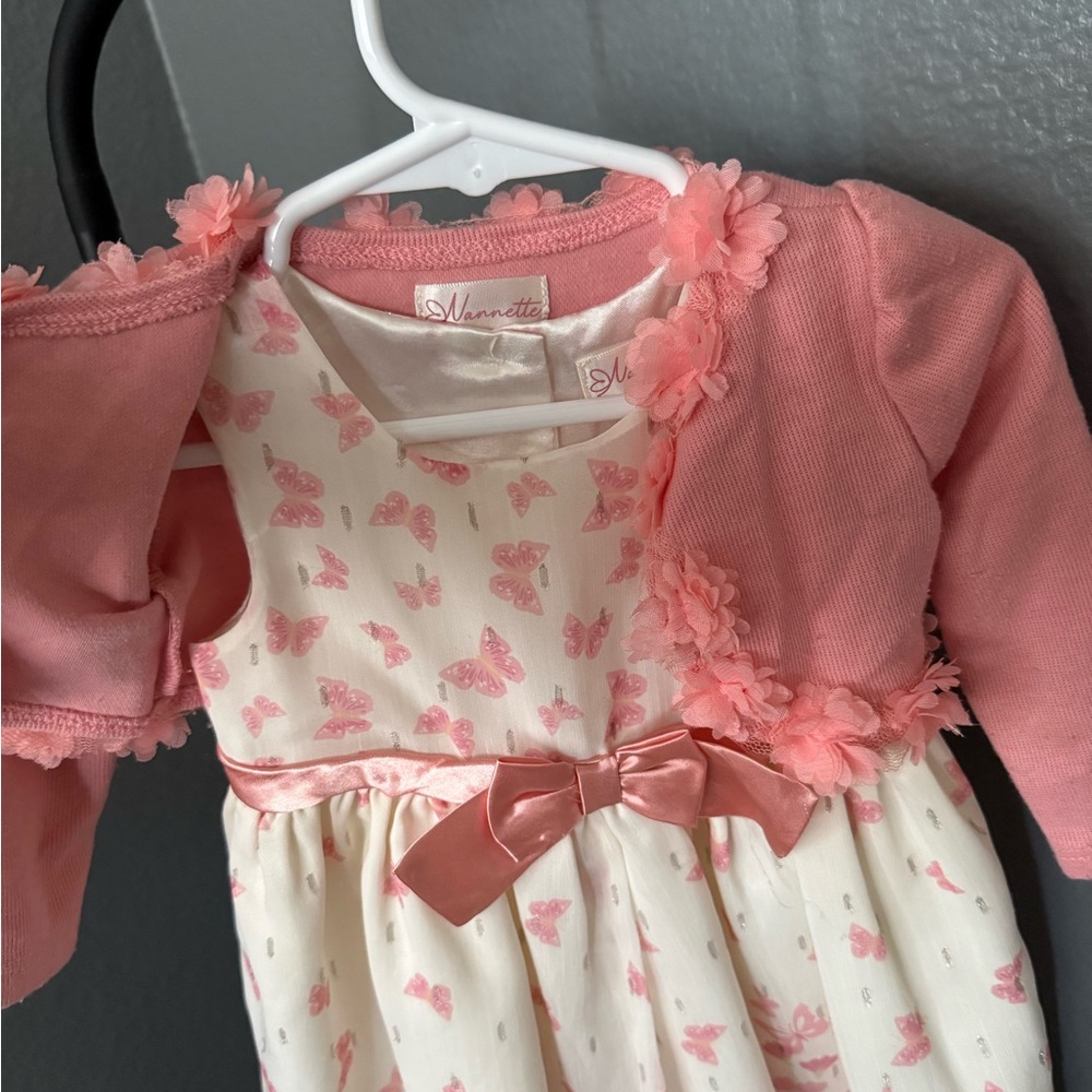 Nannette Pink Butterfly Baby Dress with Floral Cardigan - Picture 2 of 3